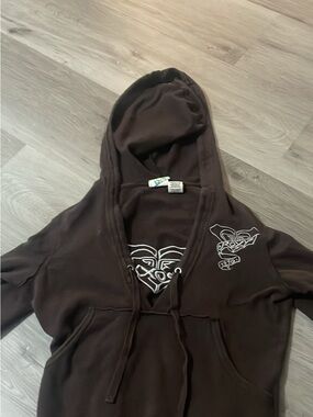 Roxy Brown Hoodie with Multicolor Logo Tags